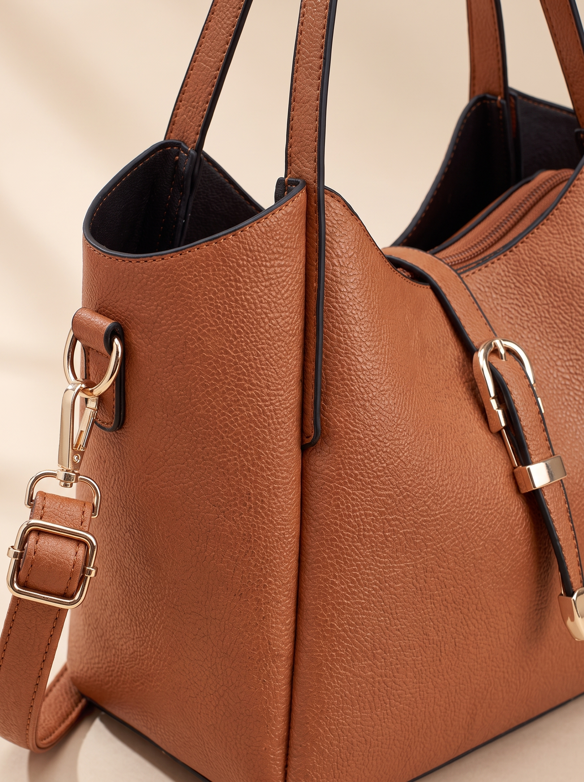 Hera Tote Bag Set (3-delig), cognac, van dichtbij