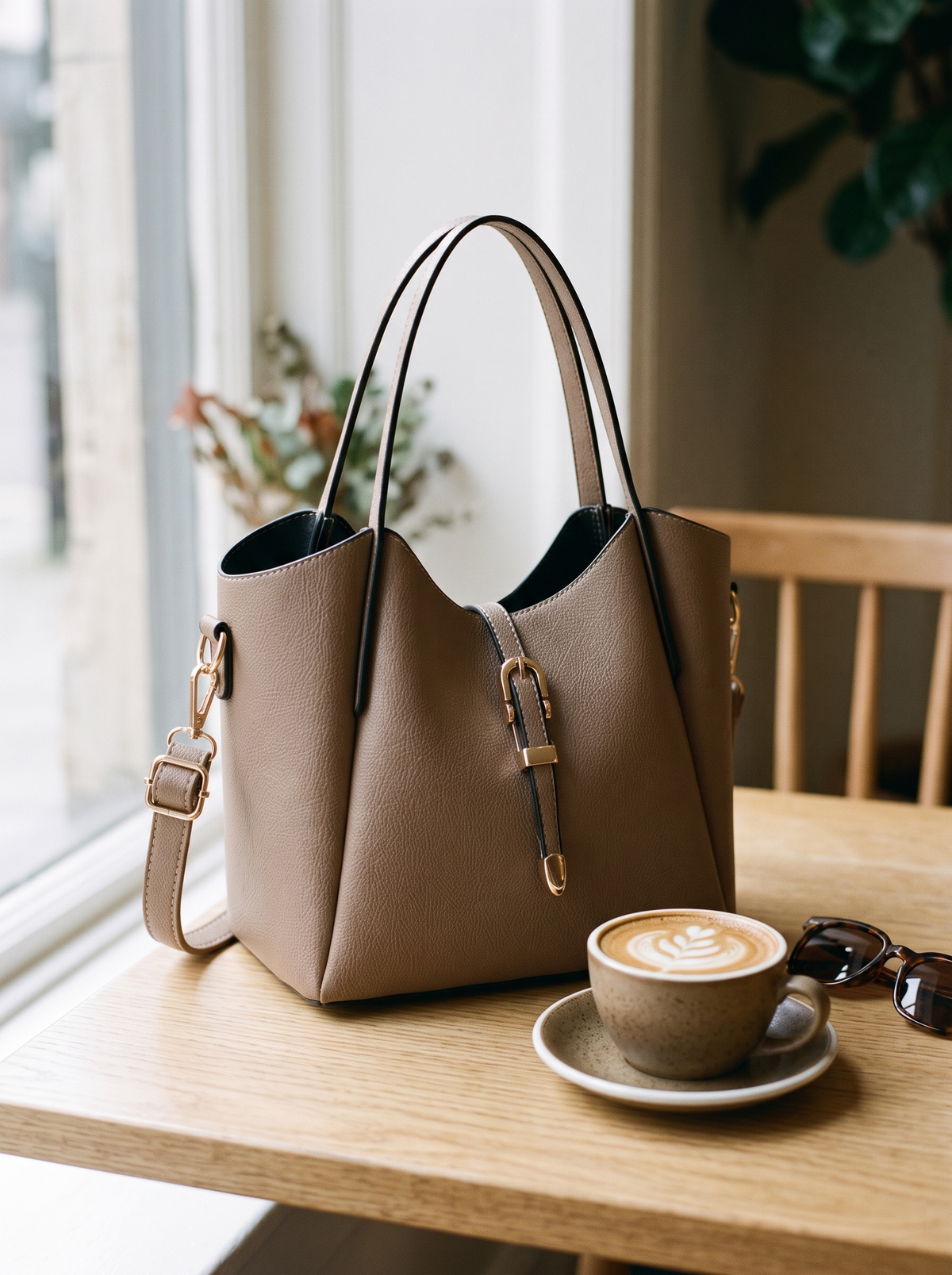 Hera Tote Bag Set (3-delig), kaki, op tafel