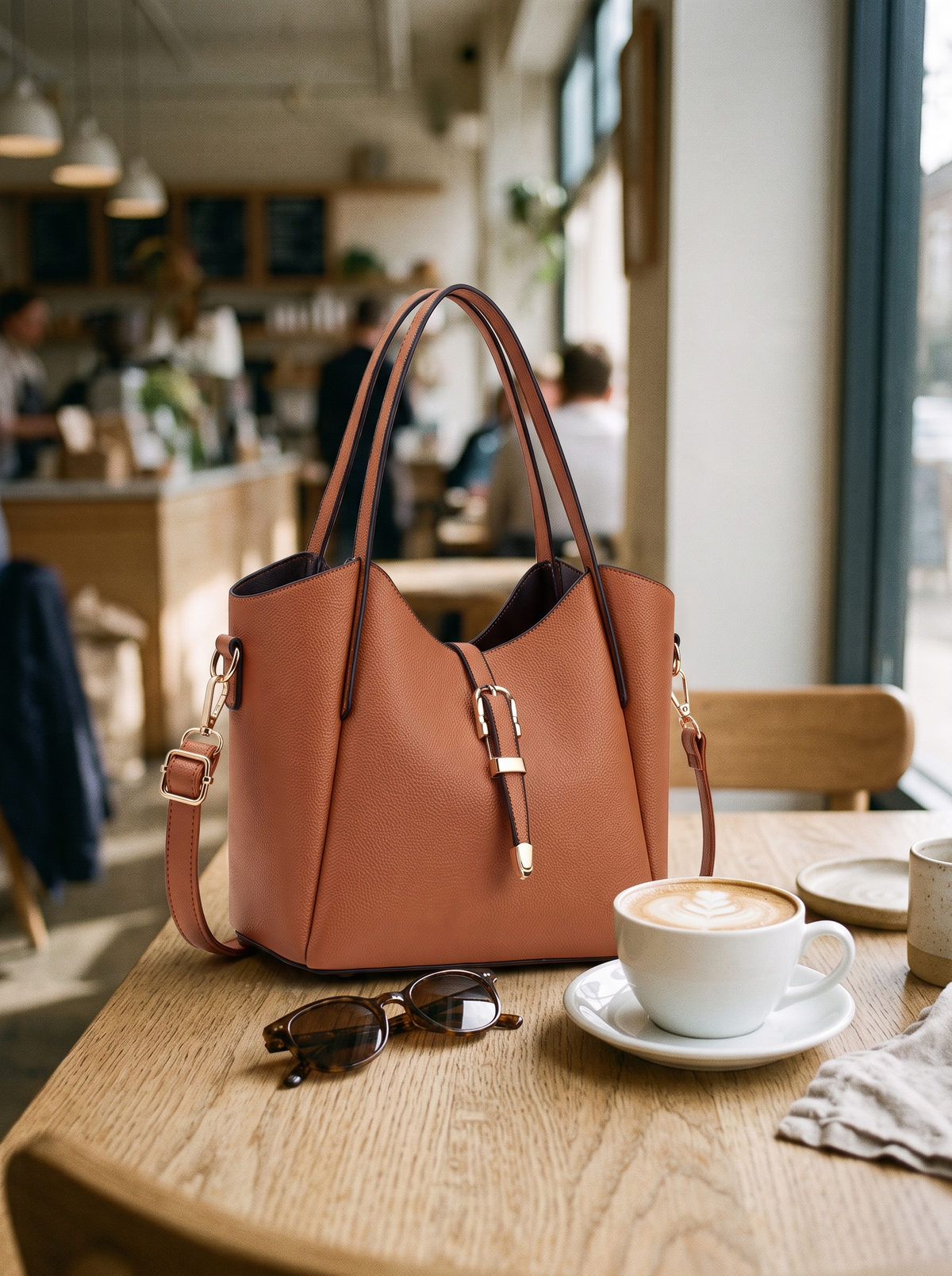 Hera Tote Bag Set (3-delig), cognac, op tafel