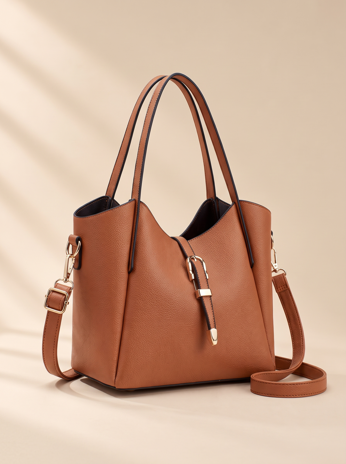 Hera Tote Bag Set (3-delig), cognac, schuin van voren
