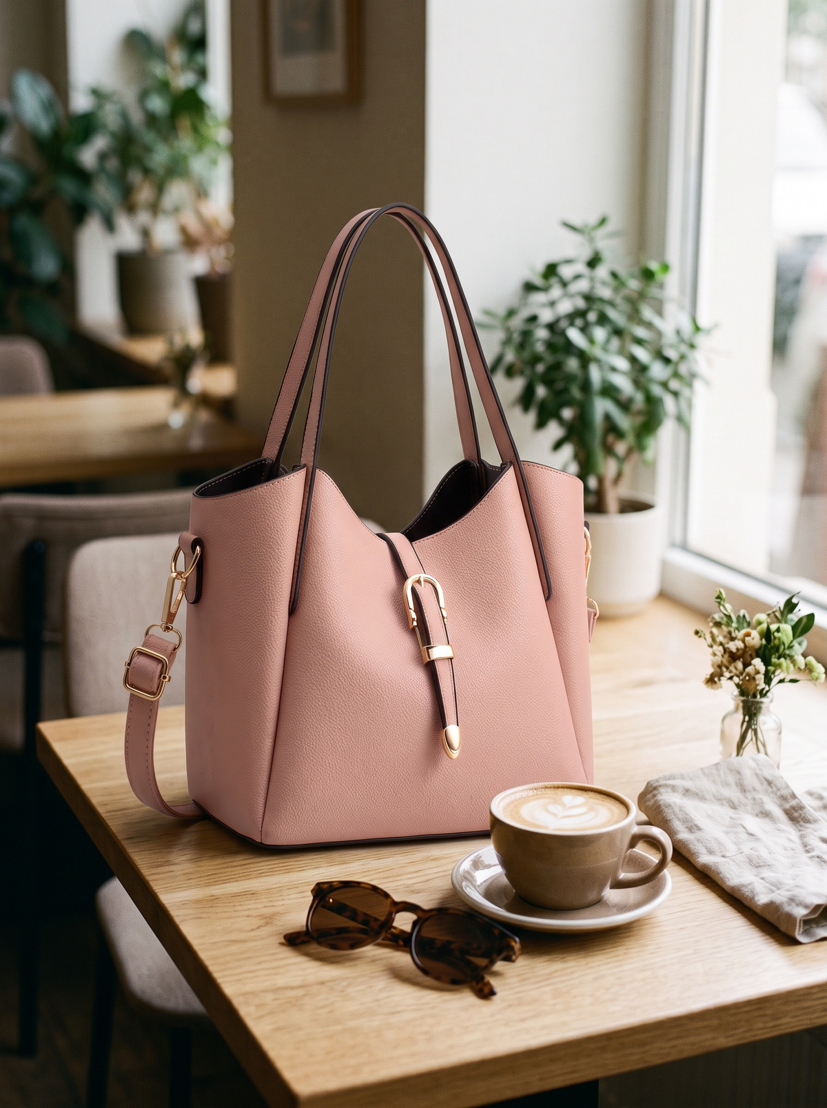 Hera Tote Bag Set (3-delig), roze, op tafel