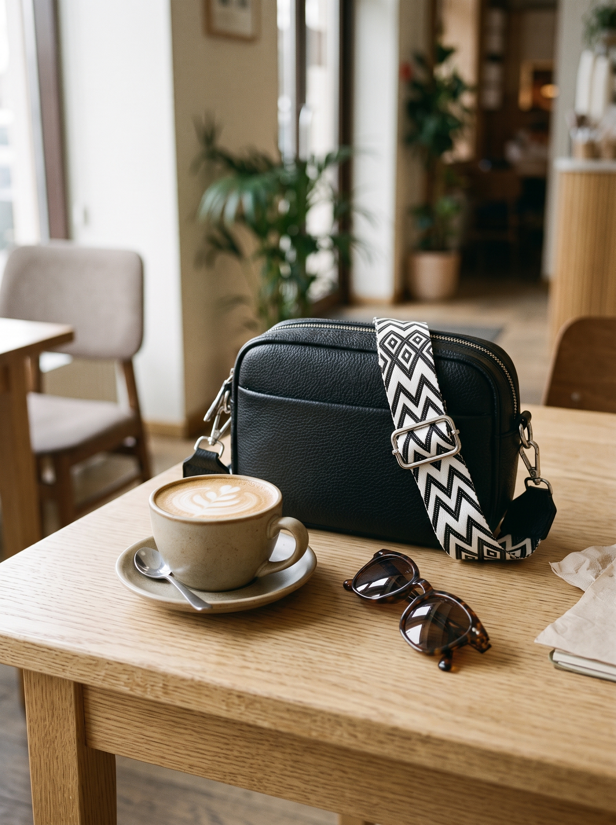Nemesis Crossbody Tas, zwart, op tafel