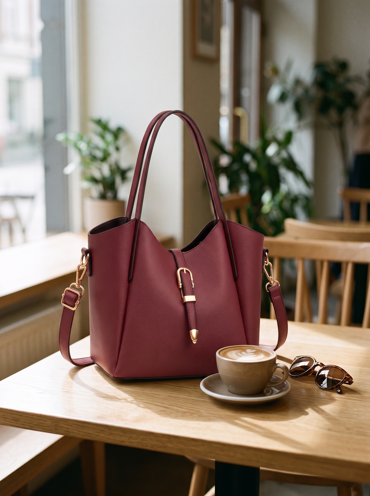 Hera Tote Bag Set (3-delig), bordeaux, op tafel