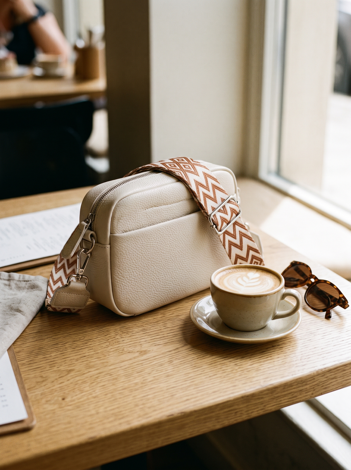 Nemesis Crossbody Tas, crème, op tafel