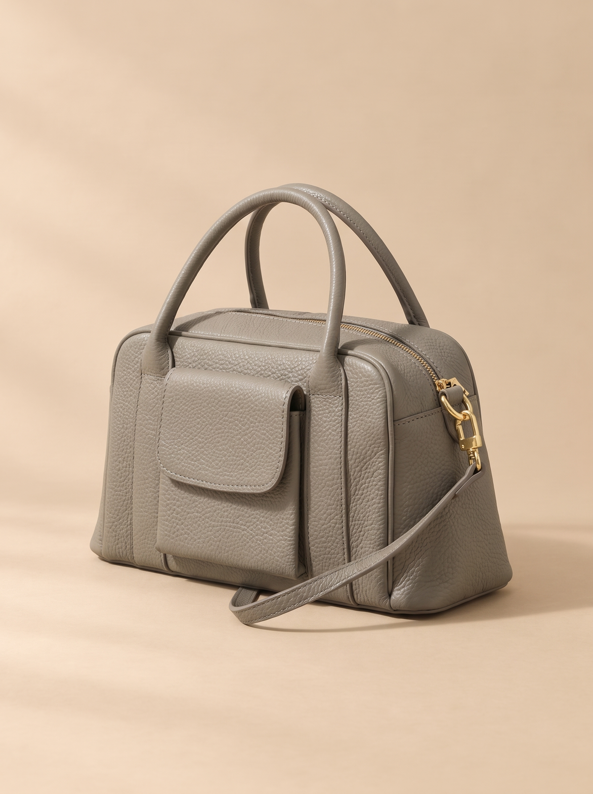 Phoebe Leren Handtas, taupe, schuin van voren