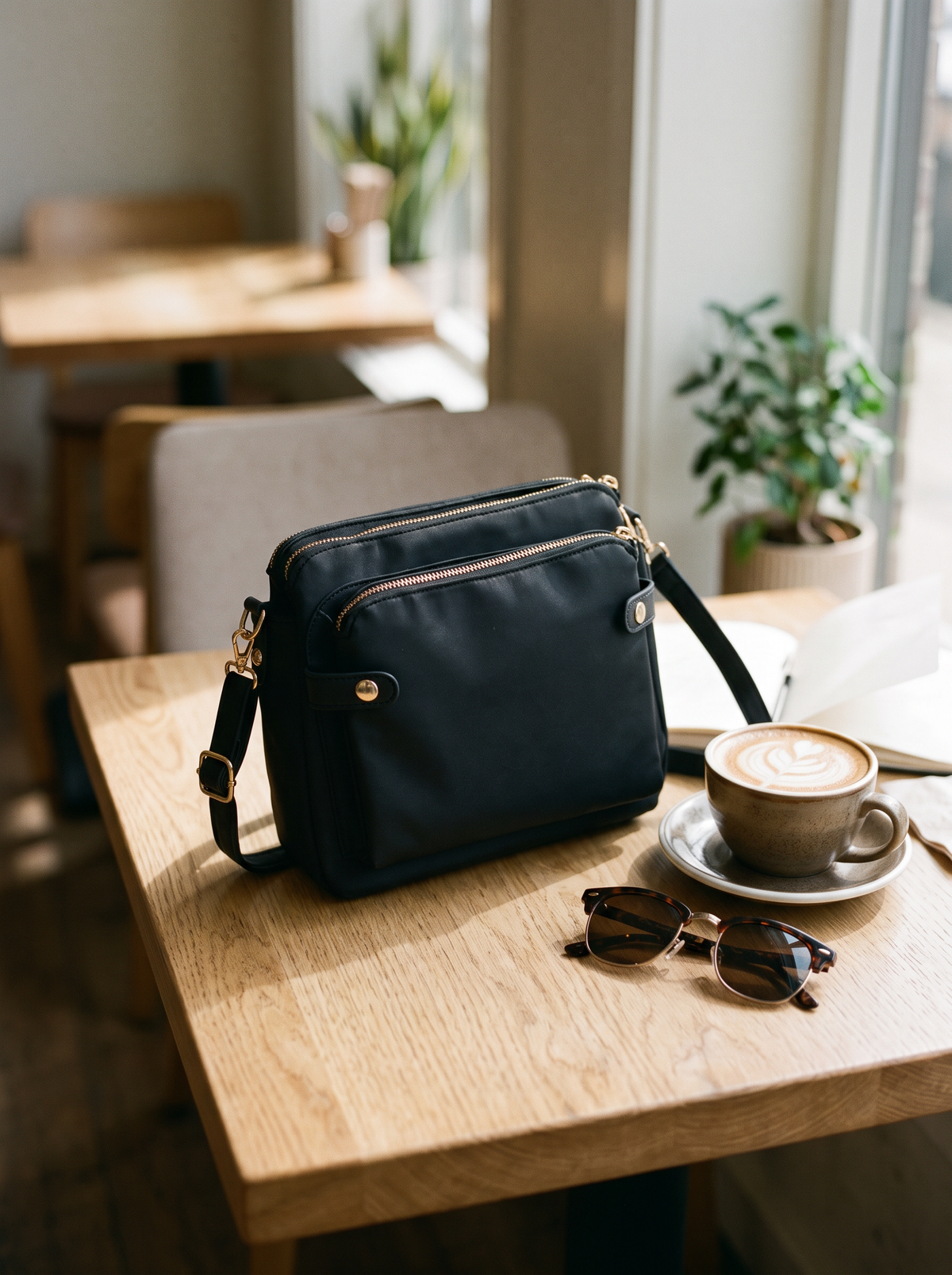 Bali Crossbody Tas, zwart, op tafel