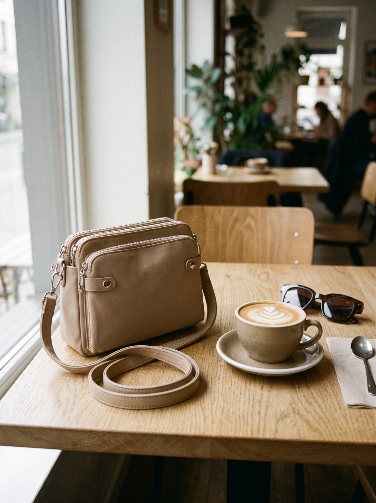 Bali Crossbody Tas, beige, op tafel