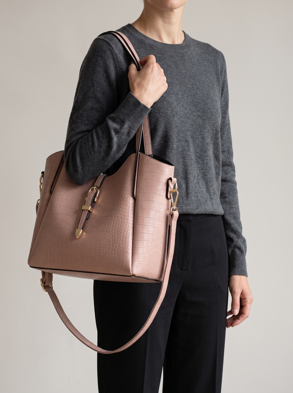 Hera Tote Bag Set (3-delig), oudroze, aan de schouder