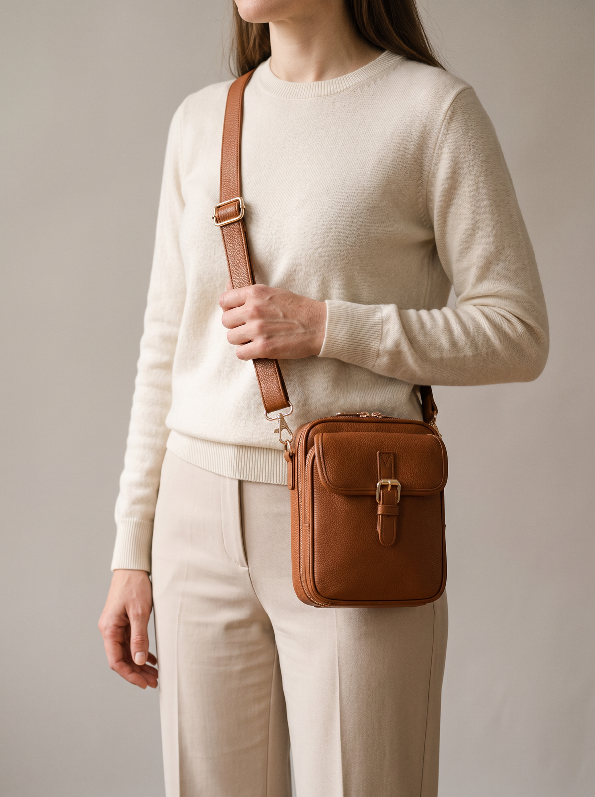 De Ruimste Crossbodytas, cognac, aan de schouder
