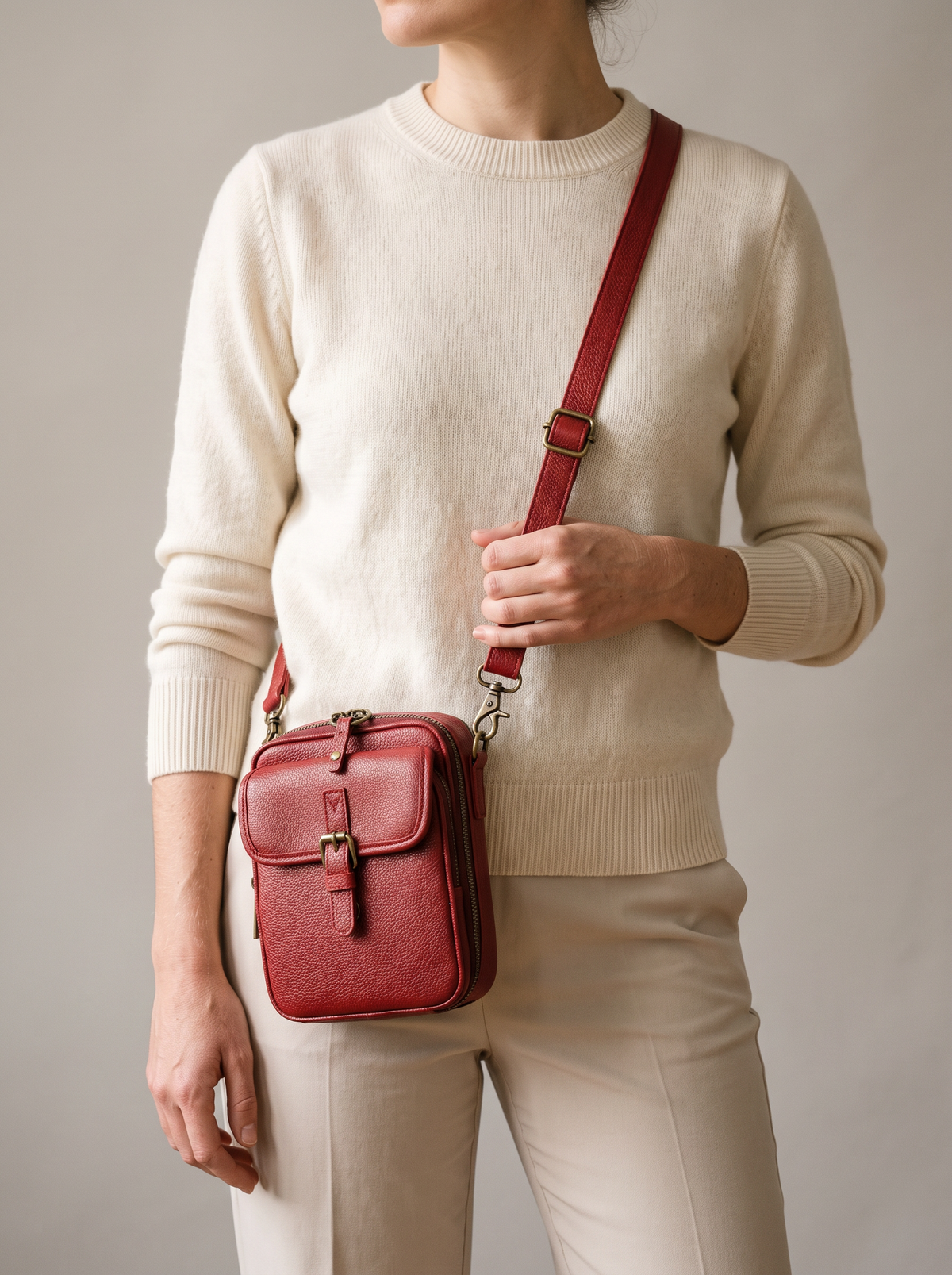 De Ruimste Crossbodytas, rood, aan de schouder