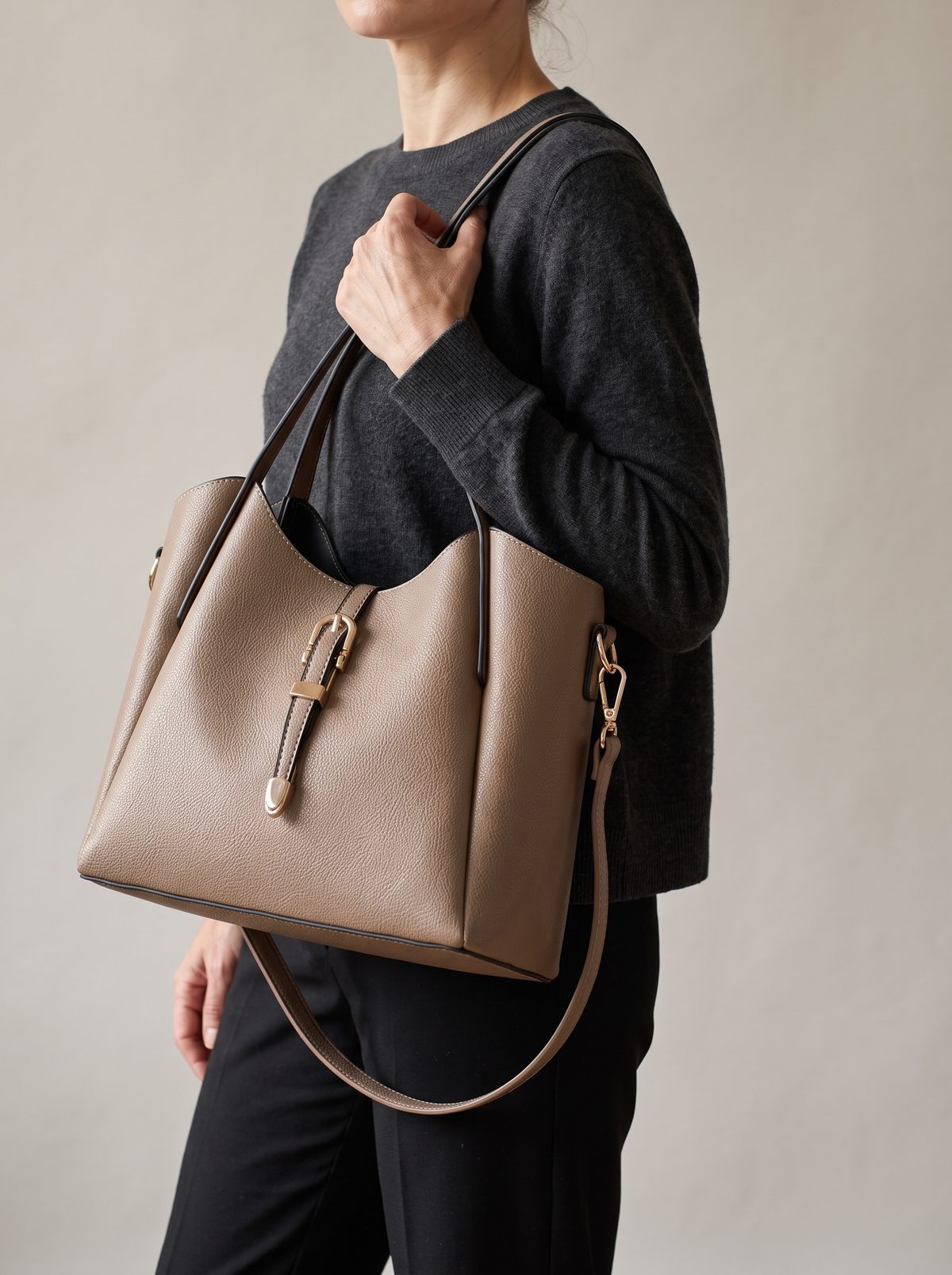 Hera Tote Bag Set (3-delig), kaki, aan de schouder
