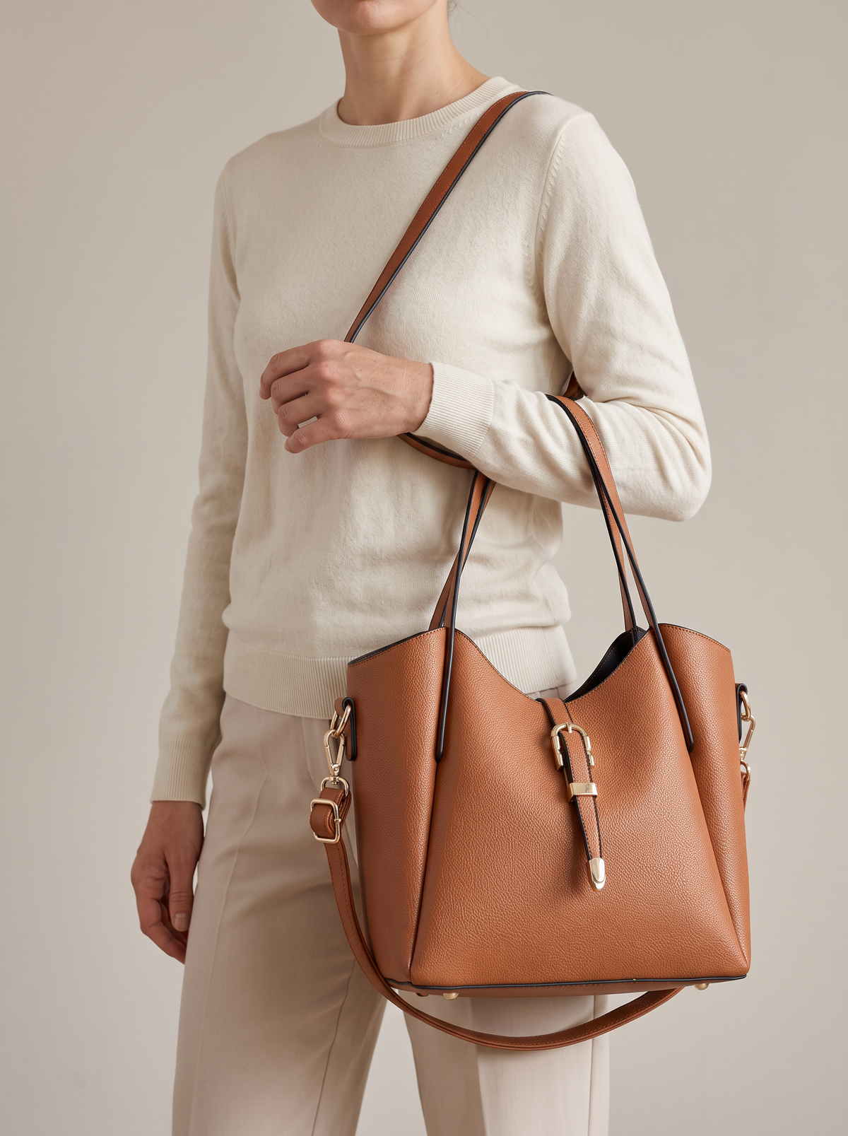 Hera Tote Bag Set (3-delig), cognac, aan de schouder
