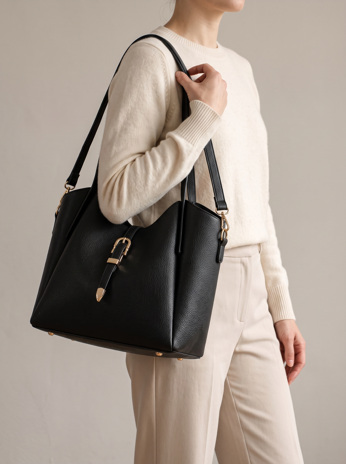 Hera Tote Bag Set (3-delig), zwart, aan de schouder