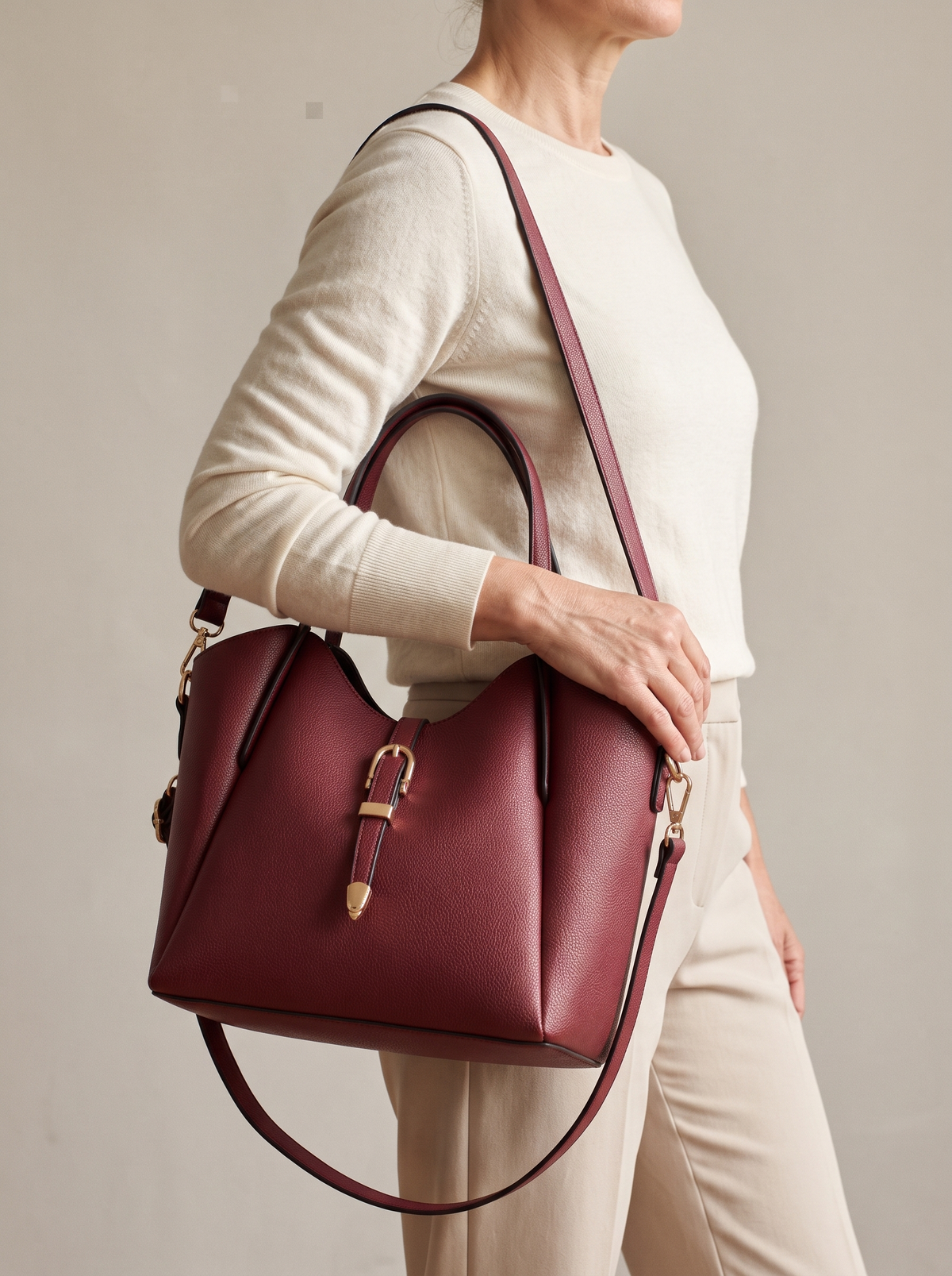 Hera Tote Bag Set (3-delig), bordeaux, aan de schouder