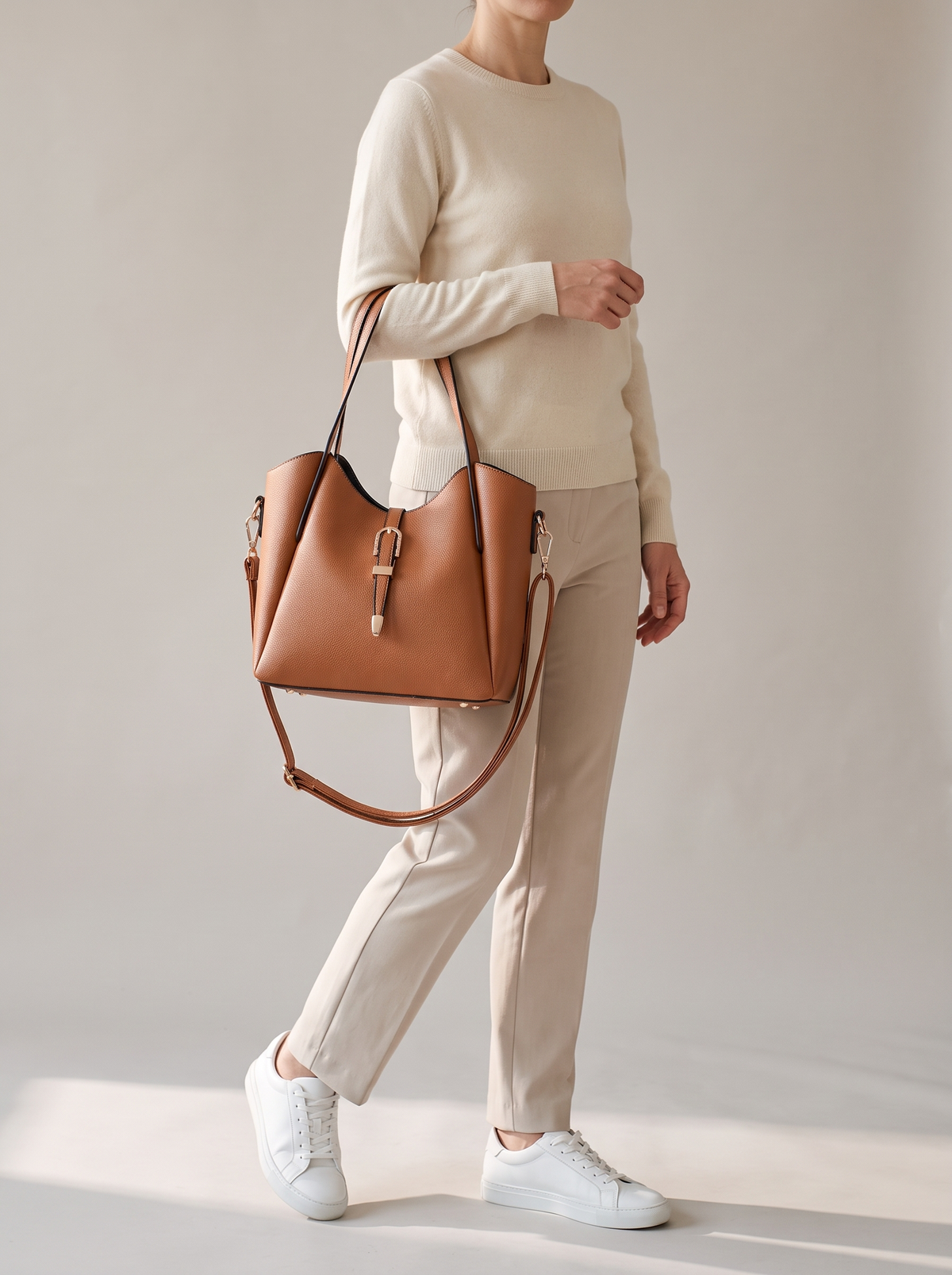 Hera Tote Bag Set (3-delig), cognac, ten voeten uit
