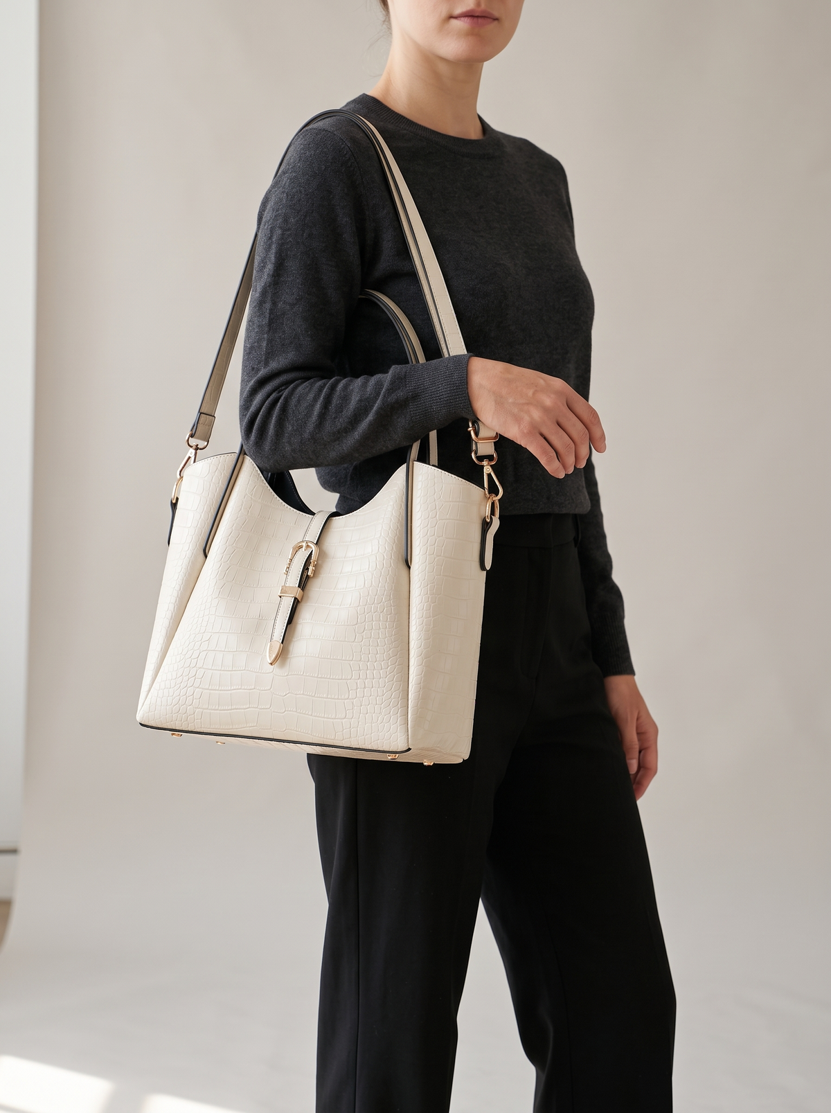 Hera Tote Bag Set (3-delig), crème, aan de schouder