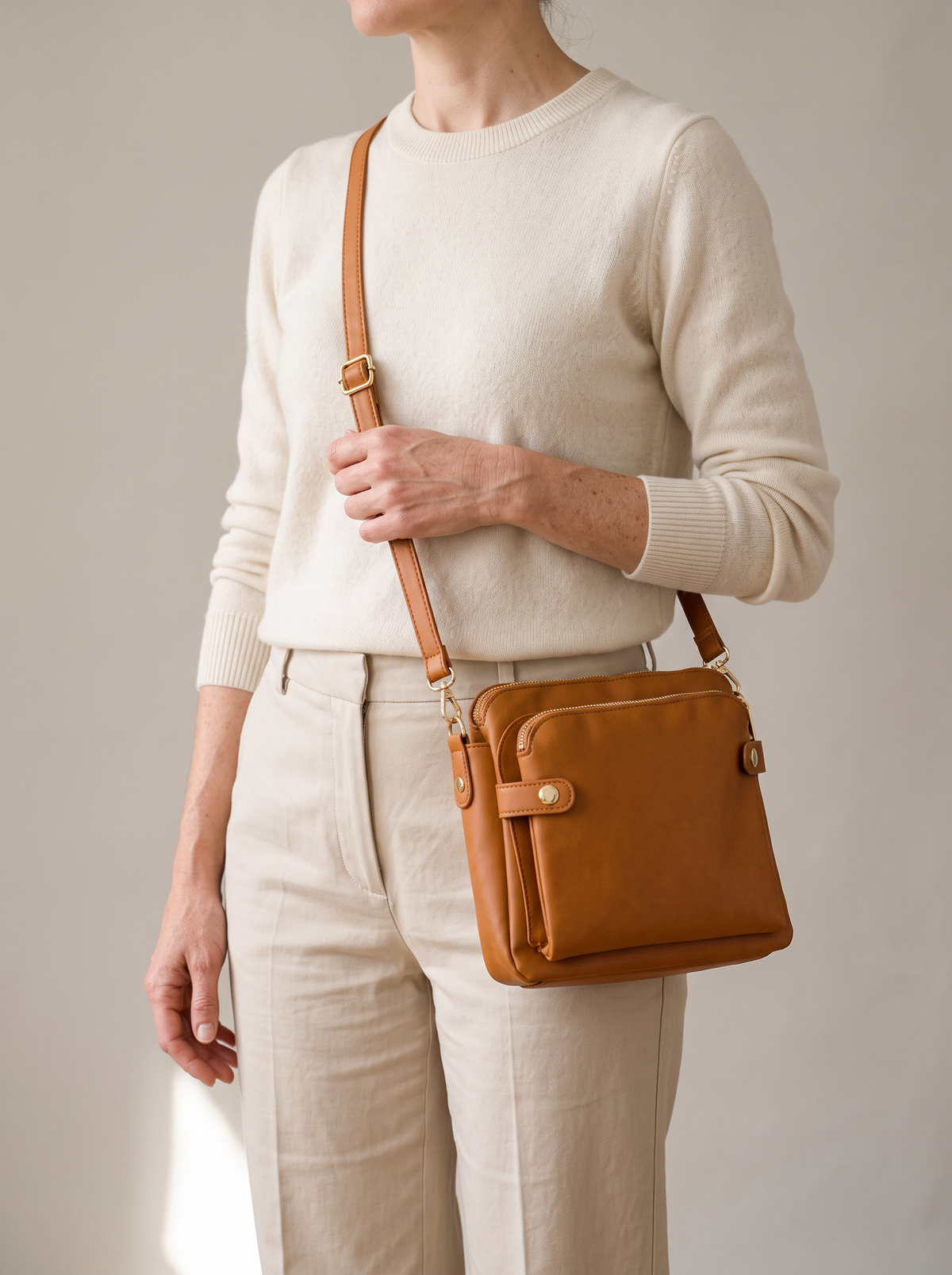 Bali Crossbody Tas, cognac, aan de schouder